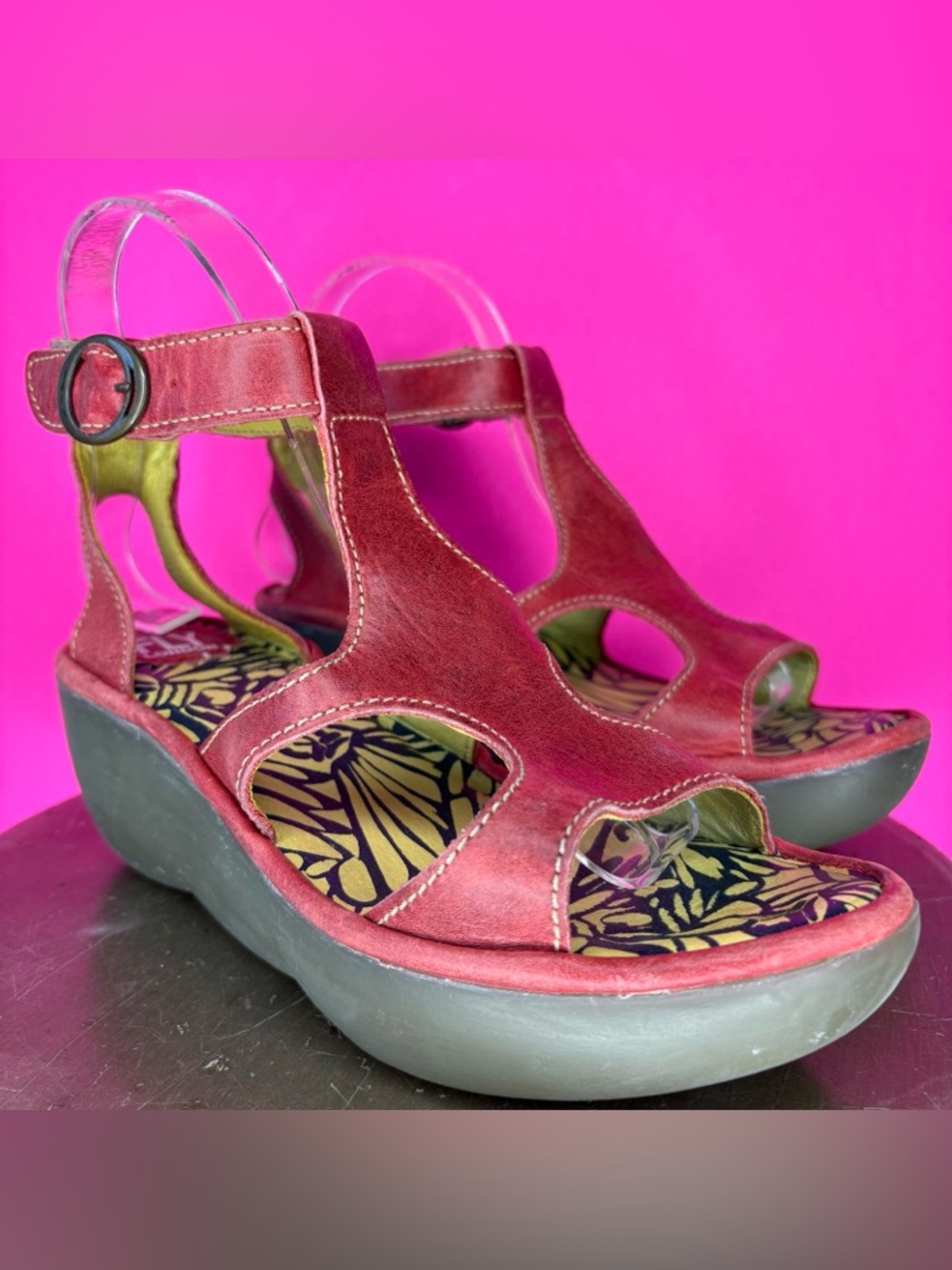 Fly London Red Leather Cutout Ankle Strap Rubber Wedge Heel Sandal EU 38